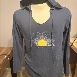 LIFE IS GOOD Blue Hooded Women's Top with Sunflower Design